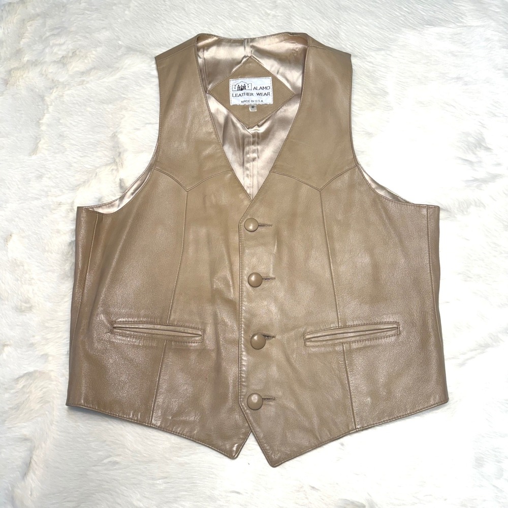 Vintage Alamo Leather Wear Mens Western Vest Tan Leather USA Made Size 42